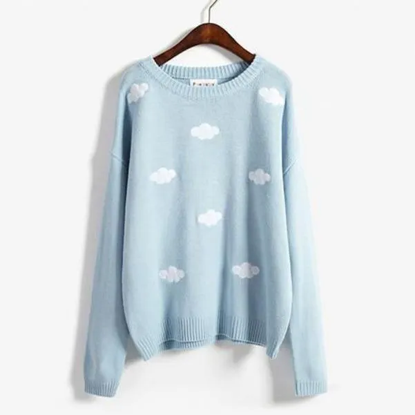 Cute Cloud Print Women's Jumper: 3D effect contrasting clouds