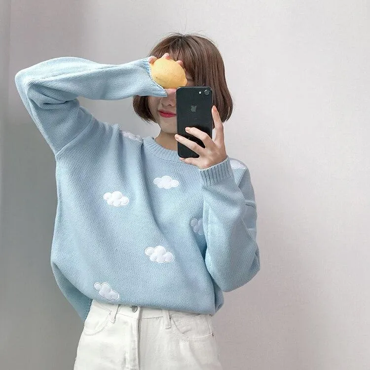 Cute Cloud Print Women's Jumper: 3D effect contrasting clouds