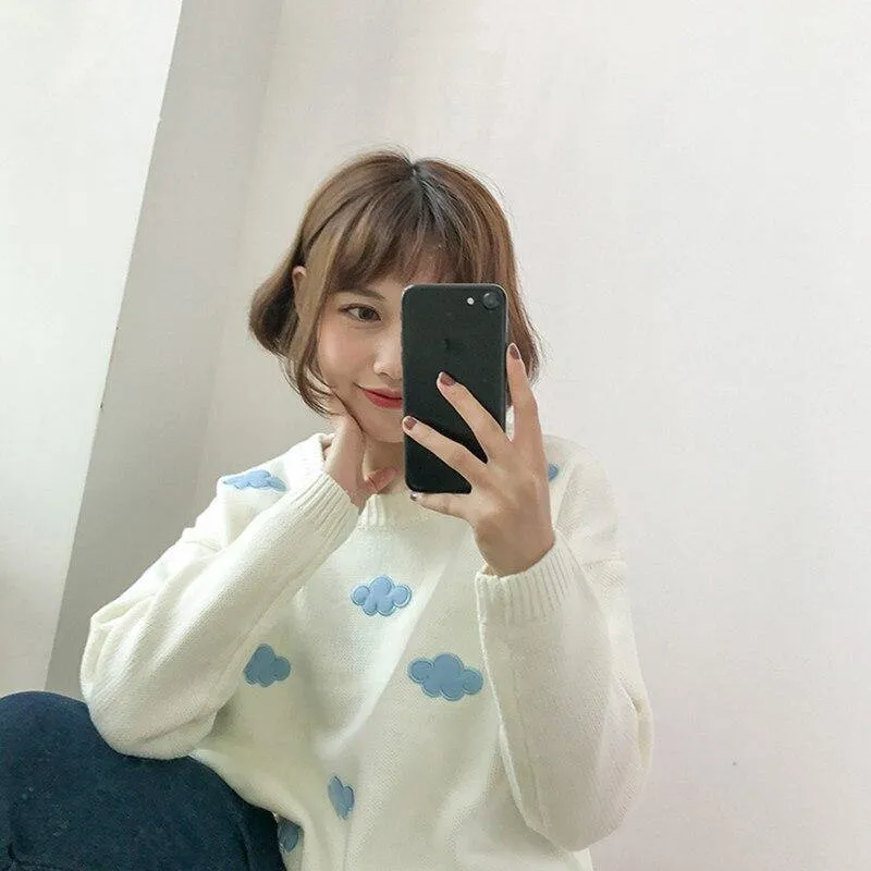 Cute Cloud Print Women's Jumper: 3D effect contrasting clouds