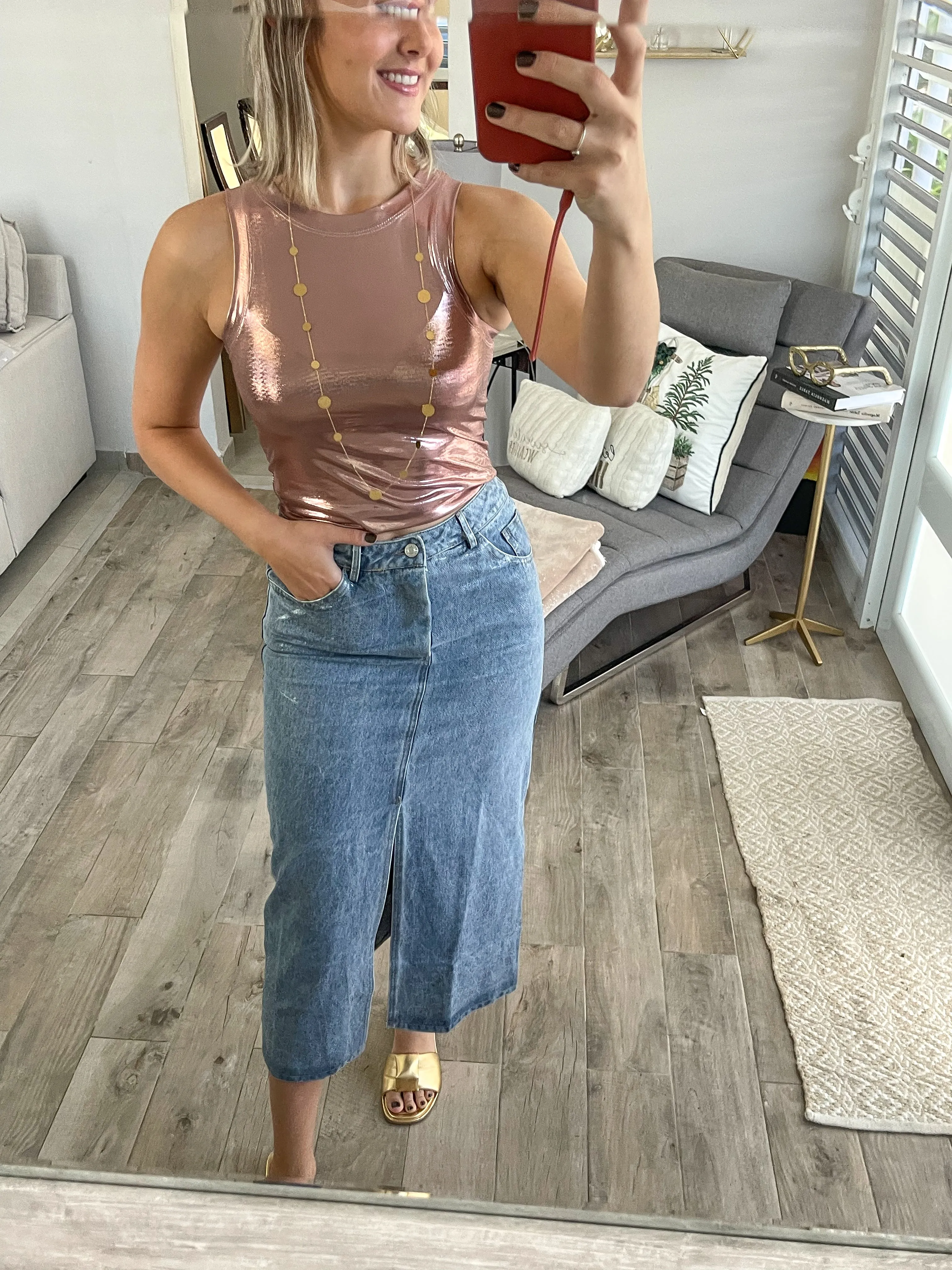 DENIM METALLIC MIDI SKIRT