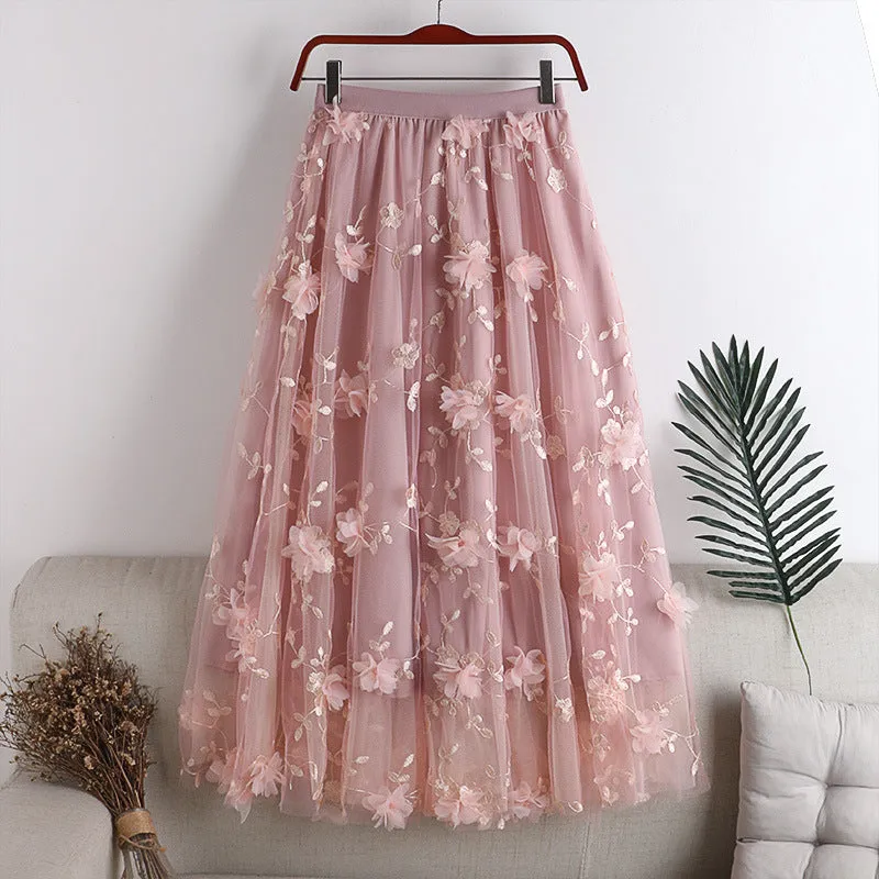 Double Layer Mesh Embroidered Floral Midi Skirt