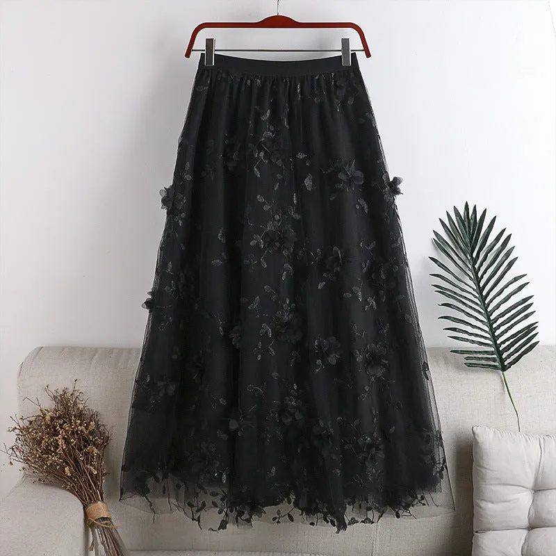 Double Layer Mesh Embroidered Floral Midi Skirt