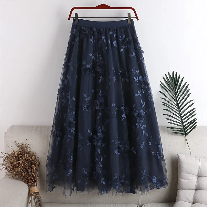 Double Layer Mesh Embroidered Floral Midi Skirt