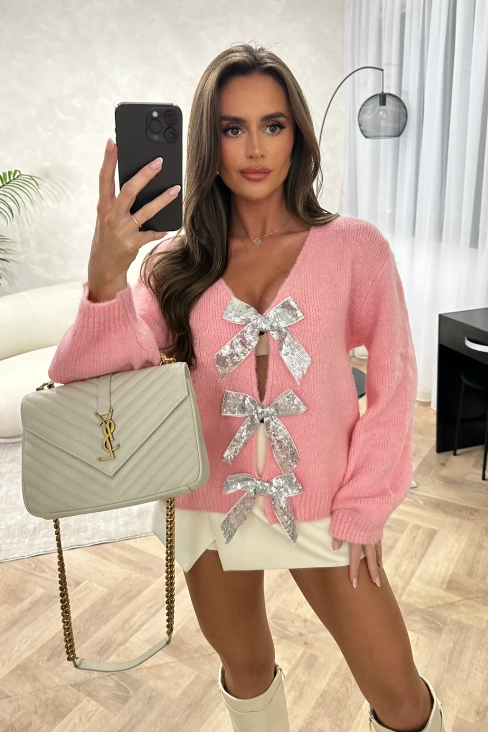 Eden baby pink sequin bow knit jumper