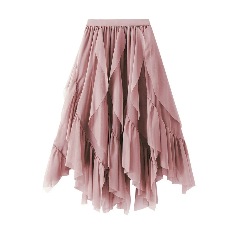 Elasticity Gauze Pleated Solid Color Split-Joint A-Line Loose Skirts