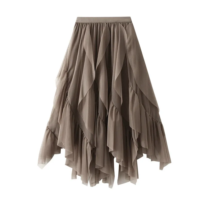 Elasticity Gauze Pleated Solid Color Split-Joint A-Line Loose Skirts