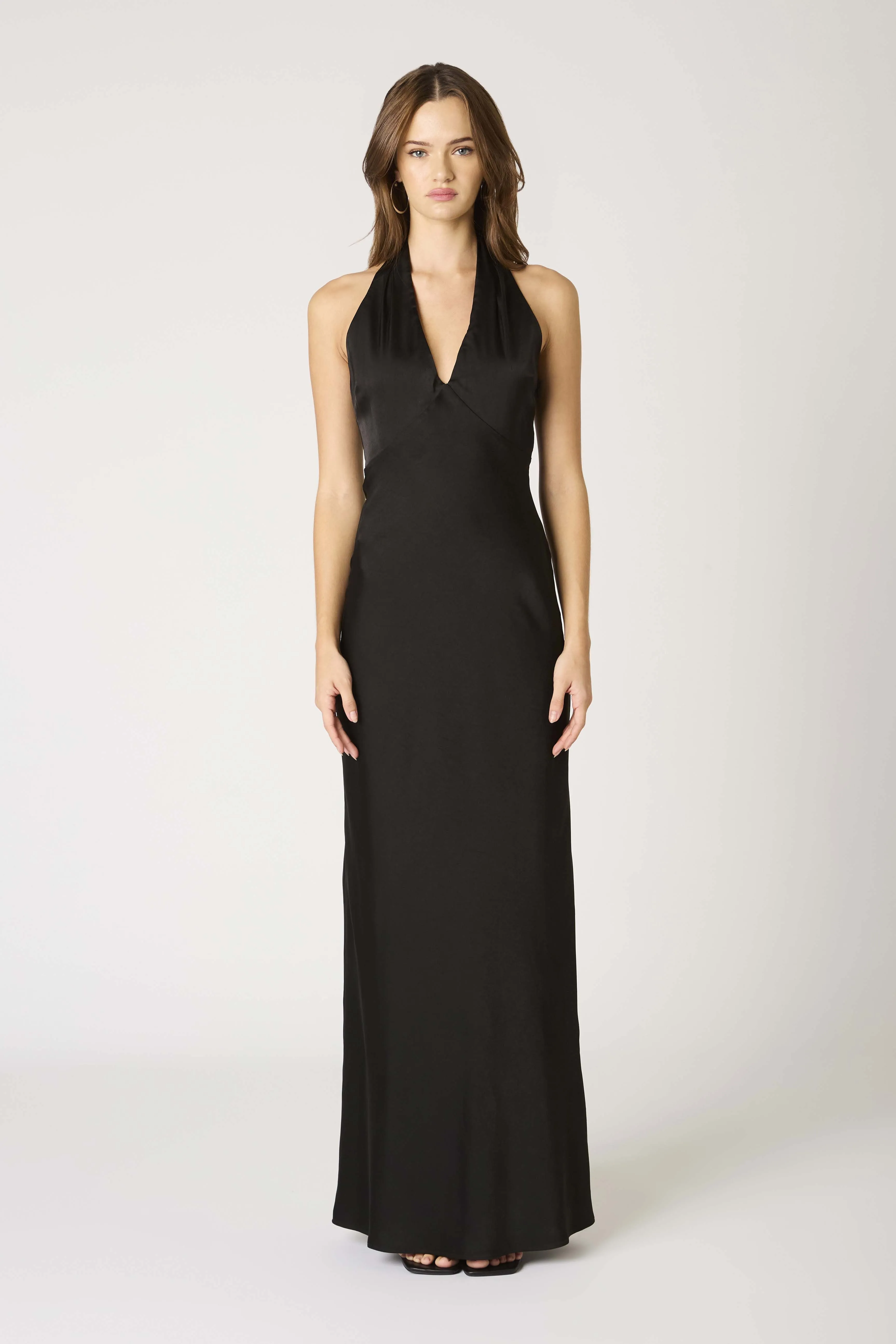 Elba Halter Plunge Neck Slip Maxi Dress Formal Gown - Black