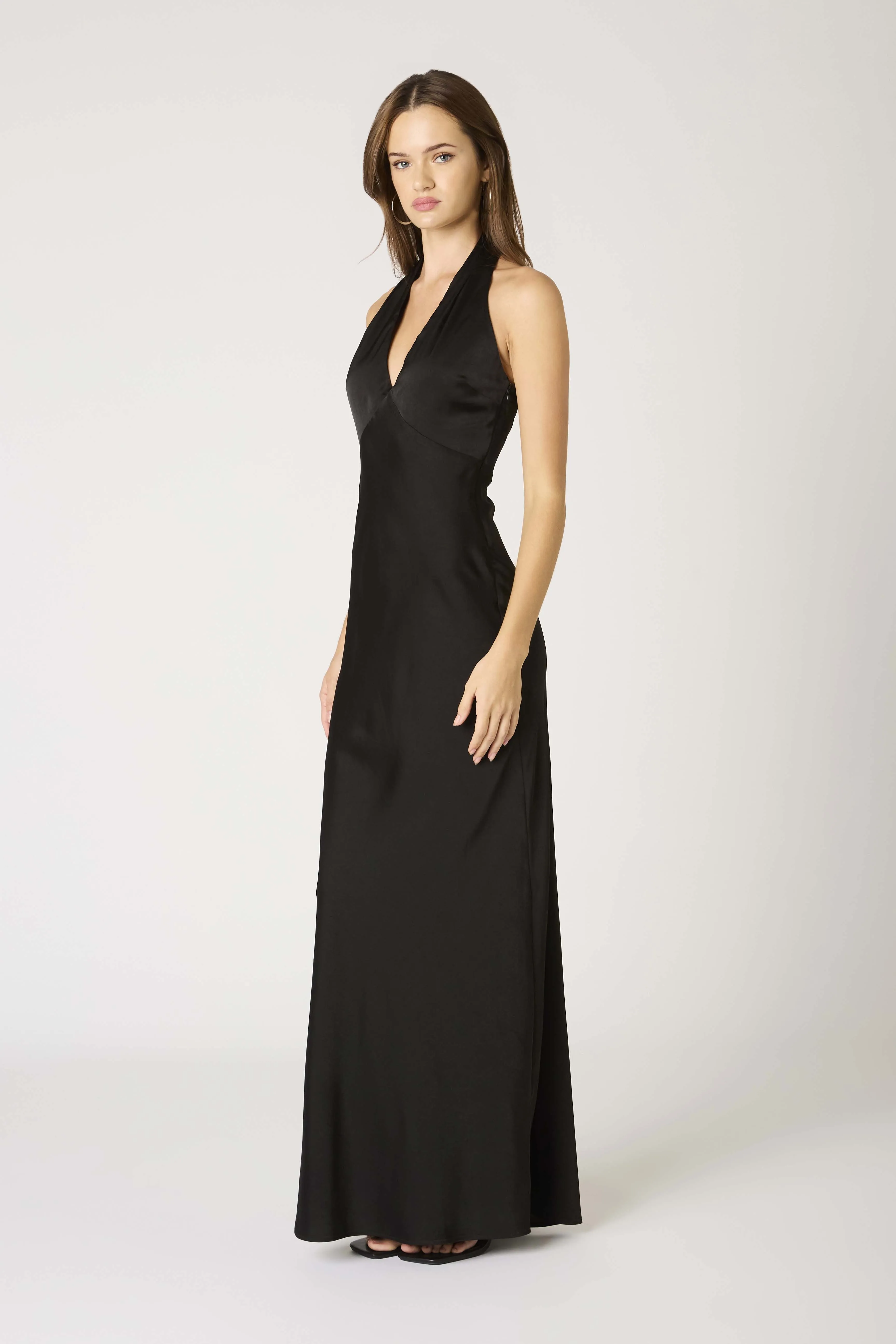 Elba Halter Plunge Neck Slip Maxi Dress Formal Gown - Black