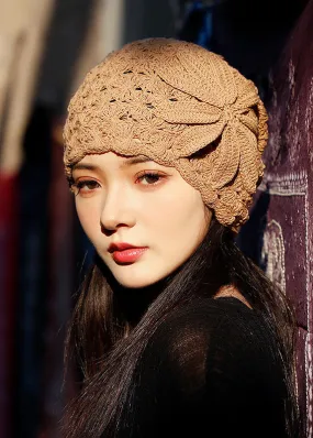 Elegant Khaki Hollow Out Floral Knit Bonnie Hat