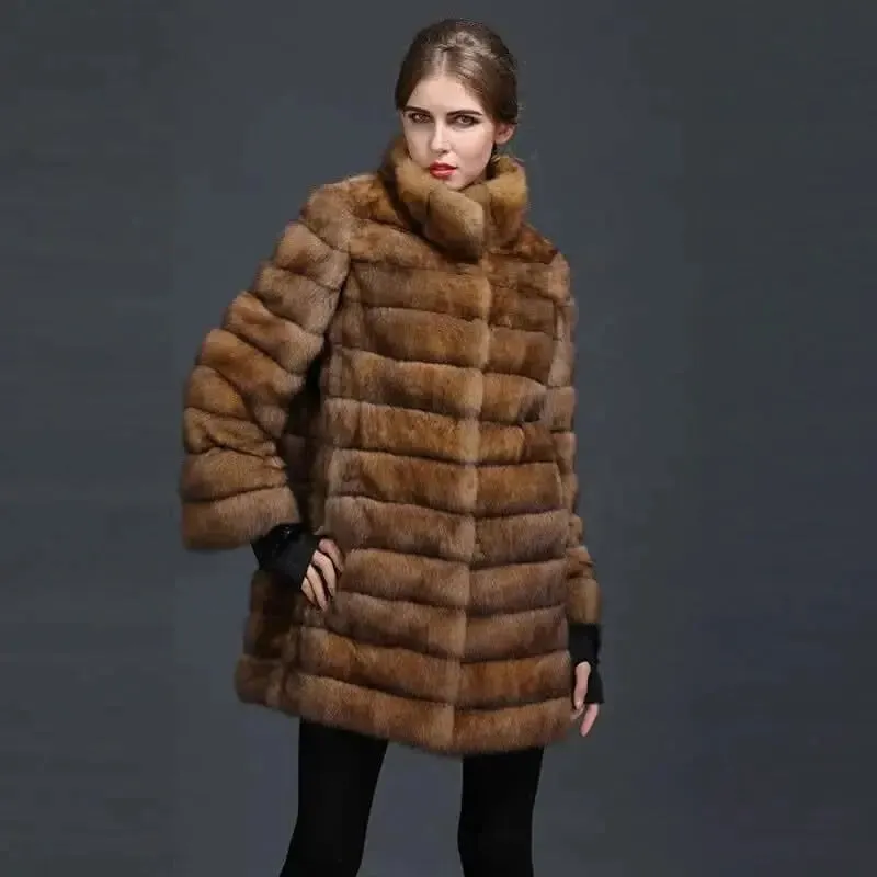 Elegant Women's Sable Chinchilla Fur Coat with Chic Hood