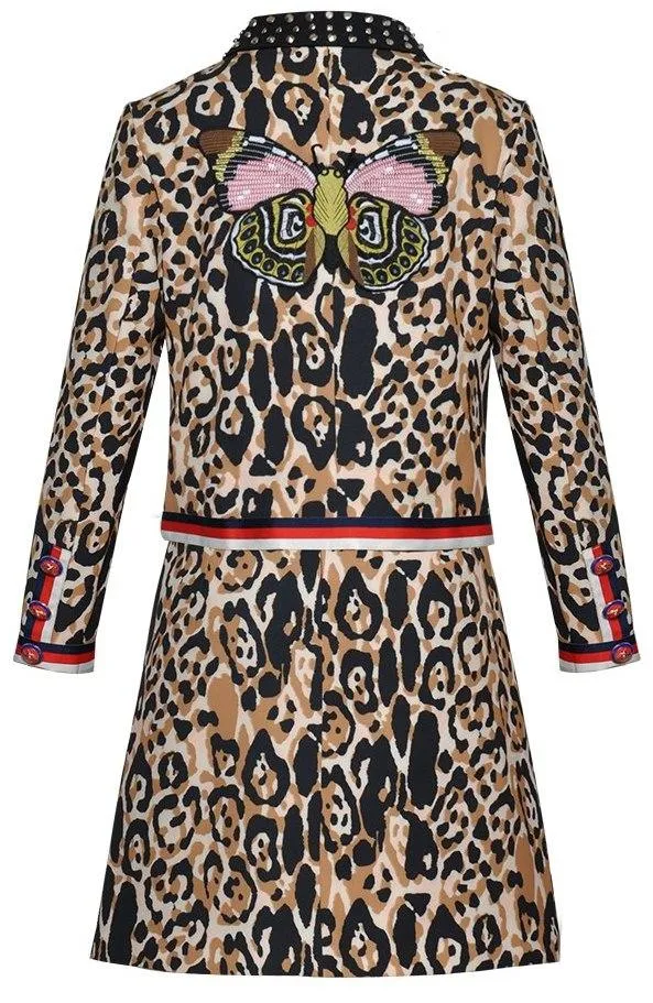 Embroidered Studded Animal Print Web-Trim Jacket and Skirt Set