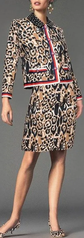 Embroidered Studded Animal Print Web-Trim Jacket and Skirt Set