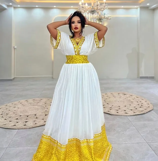 Exquisite Golden Yellow Habesha Dress Ethiopian Dress Design Stunning Habesha Kemis