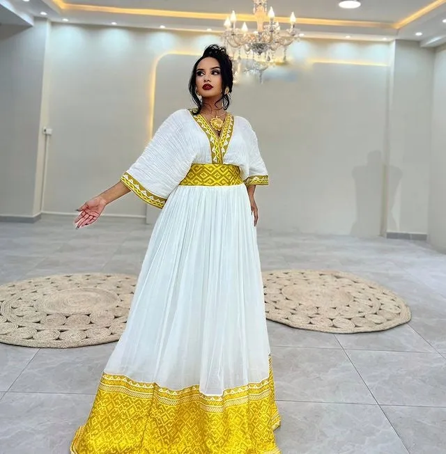 Exquisite Golden Yellow Habesha Dress Ethiopian Dress Design Stunning Habesha Kemis