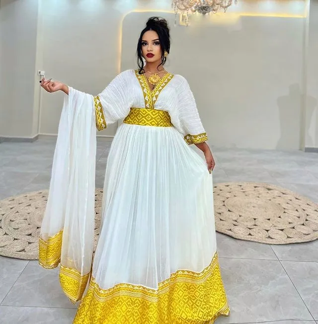 Exquisite Golden Yellow Habesha Dress Ethiopian Dress Design Stunning Habesha Kemis