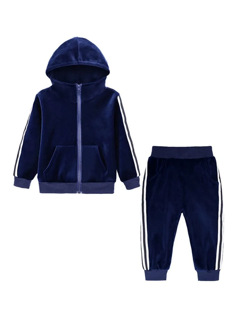 Fall 2-Piece Baby Toddler Boy Pleuche Tracksuit Hooded Jacket & Trousers