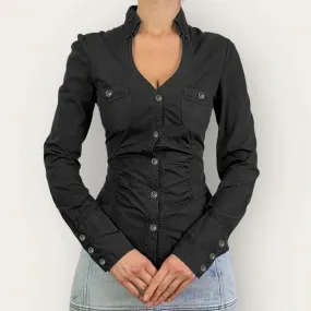 Fashion Chic Fold Black Autumn Blouse Women Top Buttons Up Solid Basic Streetwear Shirt Cardigan Clothing Long Sleeve