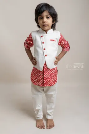 Fashionable Red Stripes Printed Kurta And Pant With Beige Over Coat For Boys