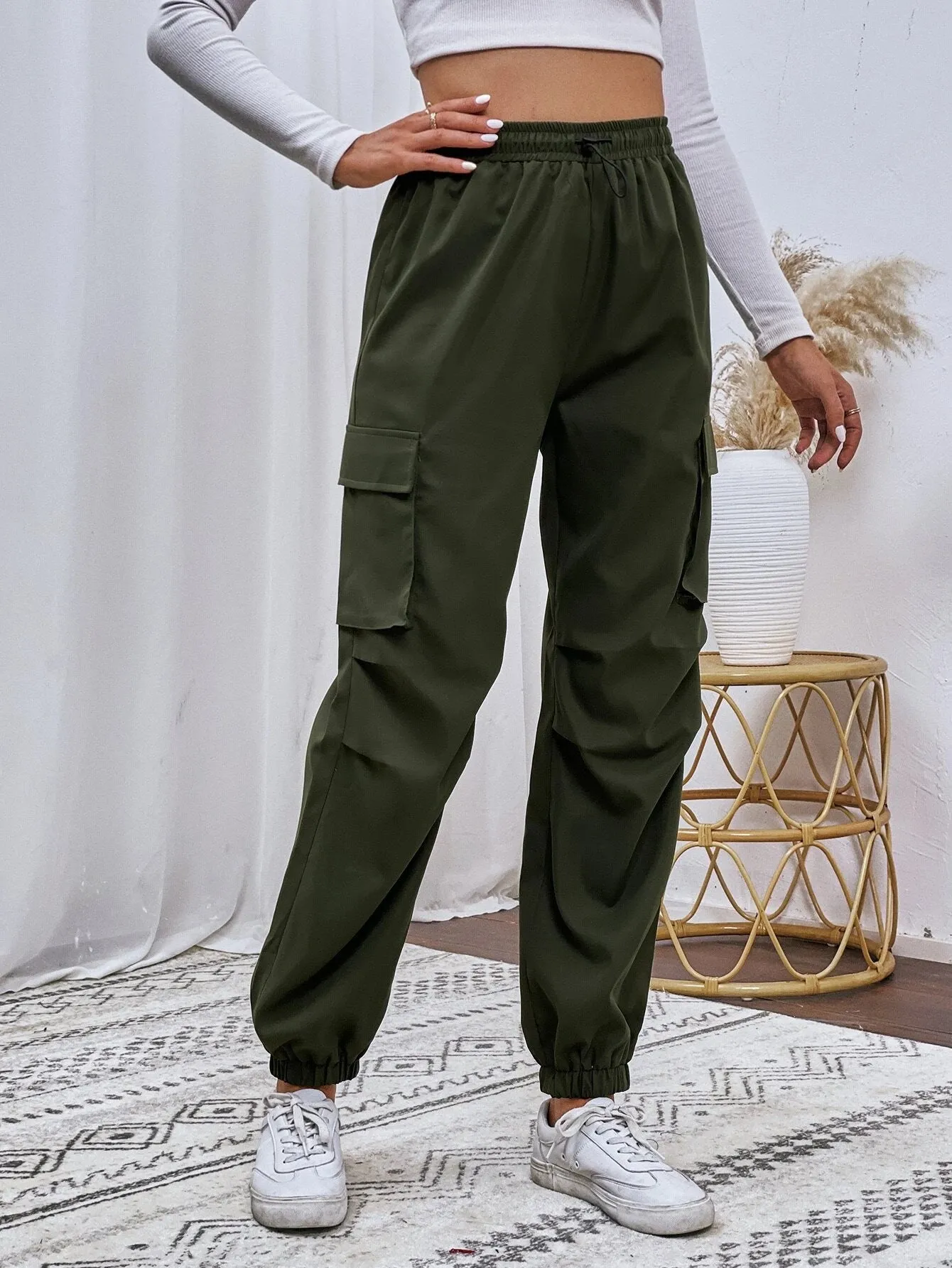 Flap Pocket Drawstring Cargo Pants