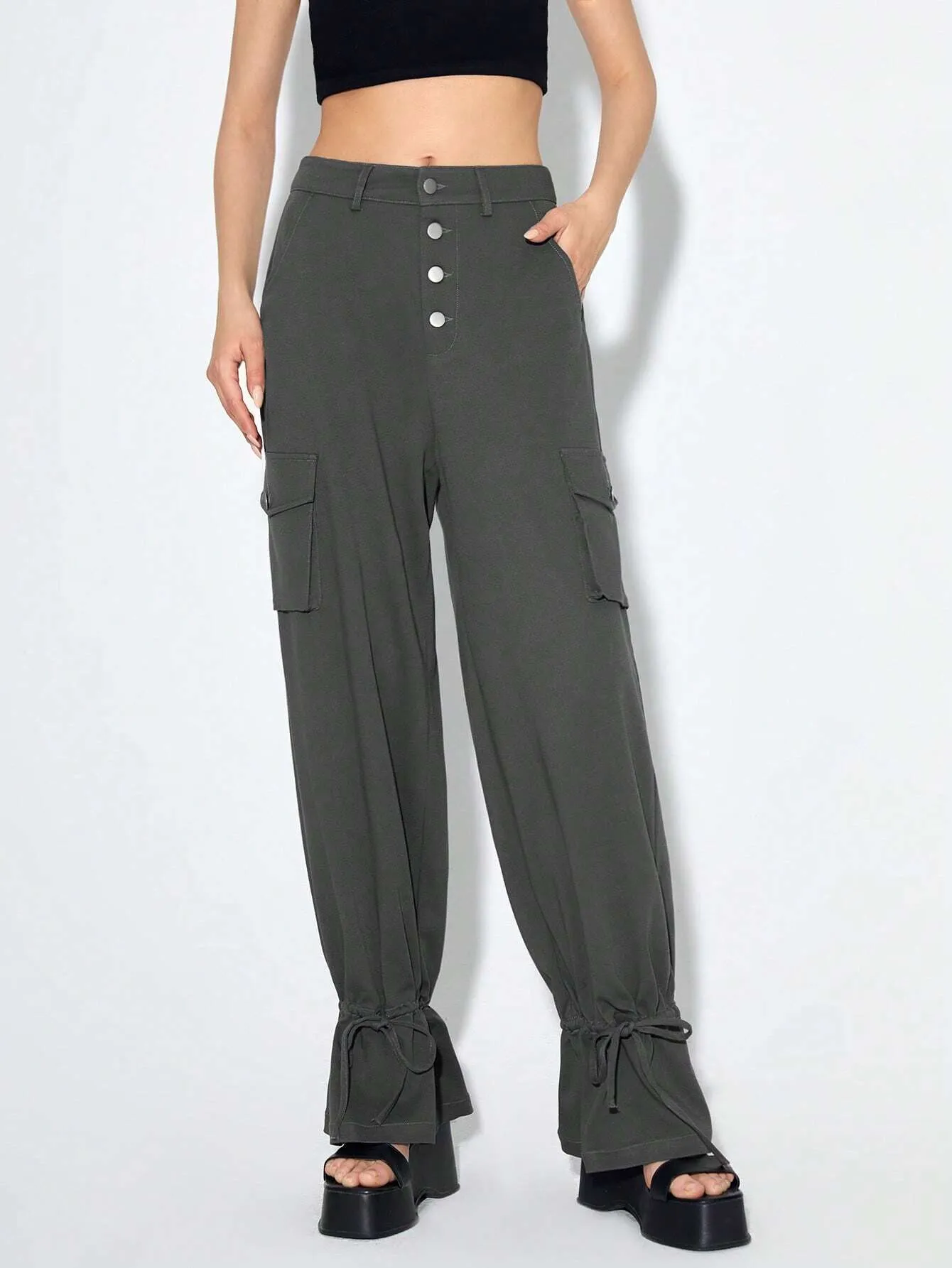 Flap Pocket Side Knot Hem Cargo Pants