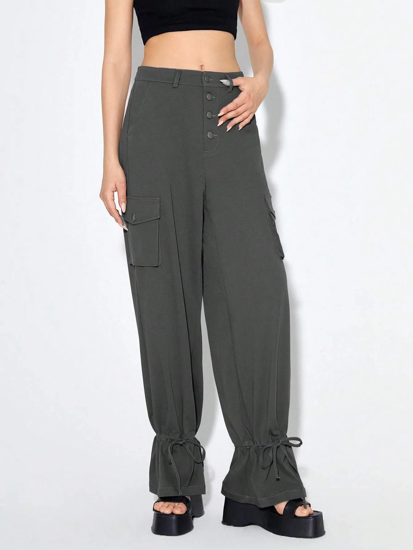 Flap Pocket Side Knot Hem Cargo Pants