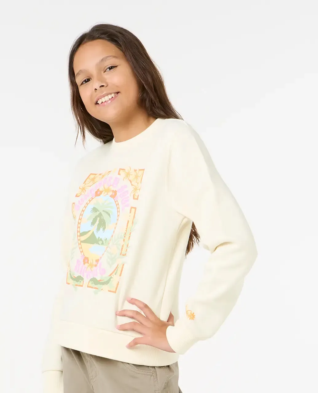 Girls Island Bliss Art Crew Sweatshirt in Bone