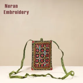 Green - Kutch Neran Embroidery Mashru Silk Mobile Sling Bag