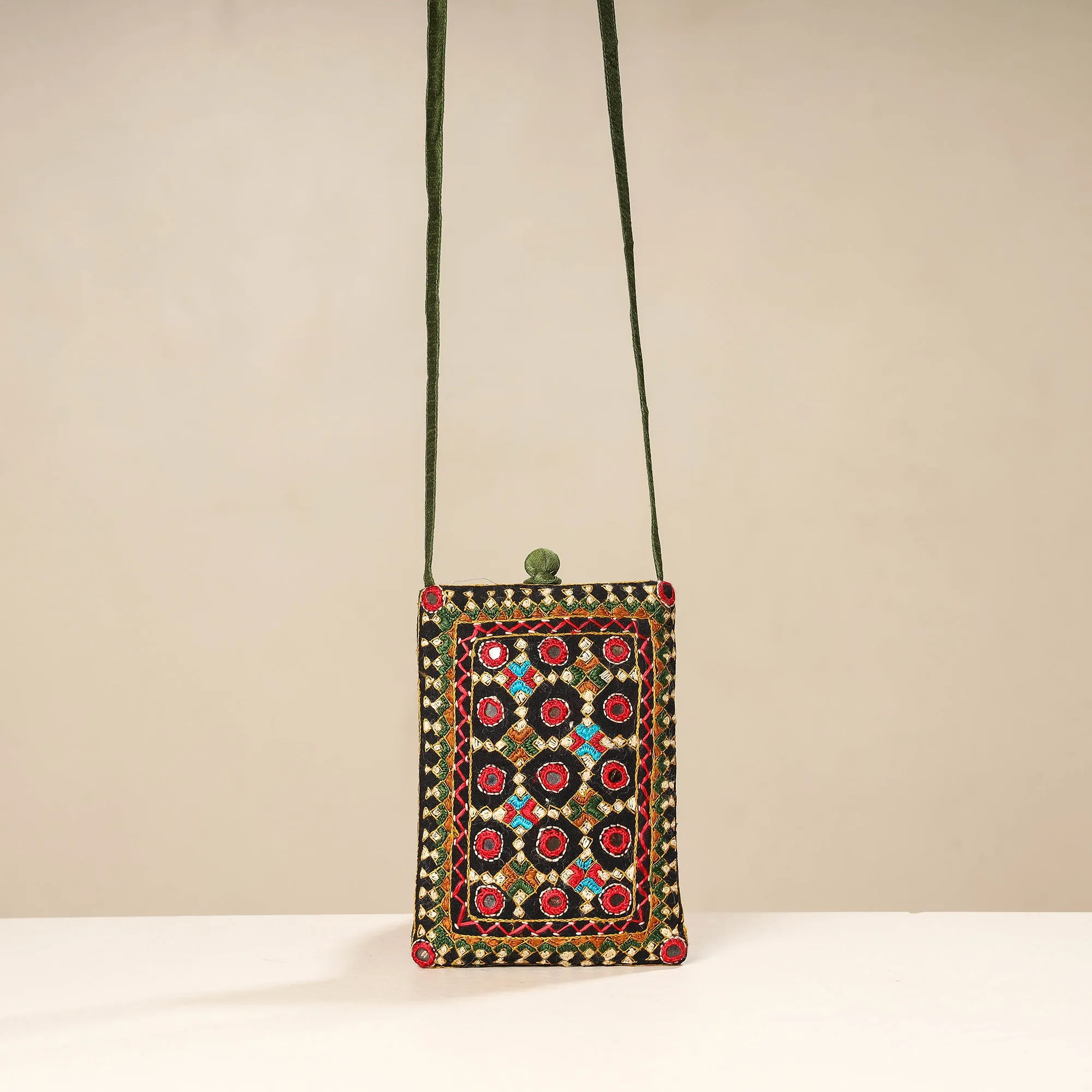 Green - Kutch Neran Embroidery Mashru Silk Mobile Sling Bag