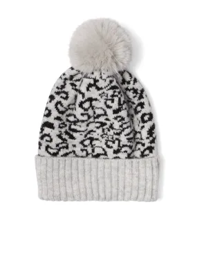 Grey Leopard-Print Pom-Pom Knit Hat