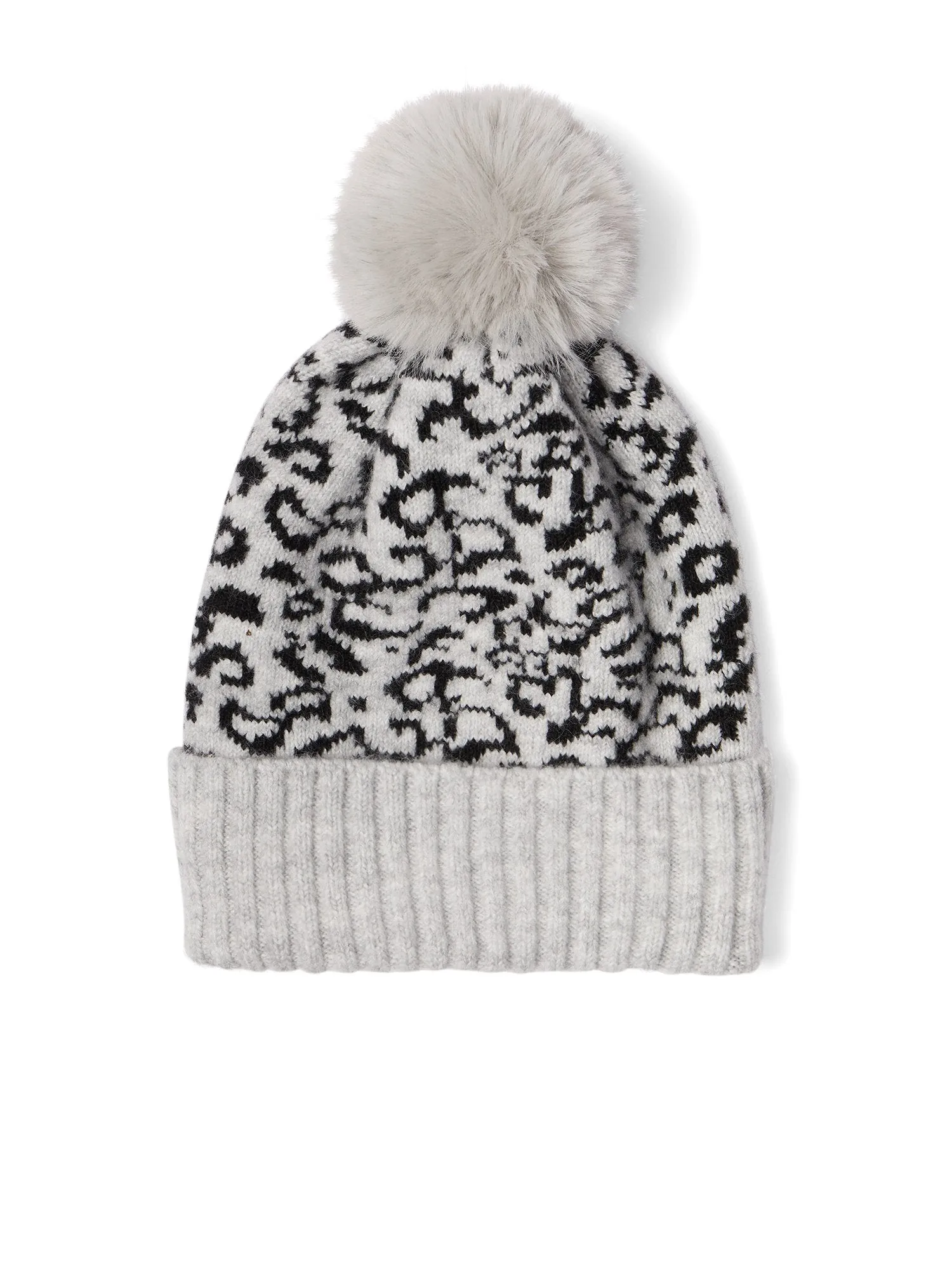 Grey Leopard-Print Pom-Pom Knit Hat