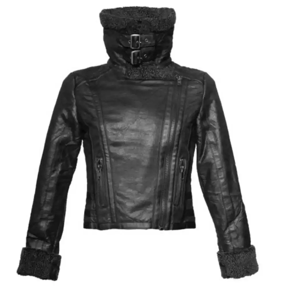 High Neck Collar Folded Cuff Black Fur Winter Leather Jacket Womens