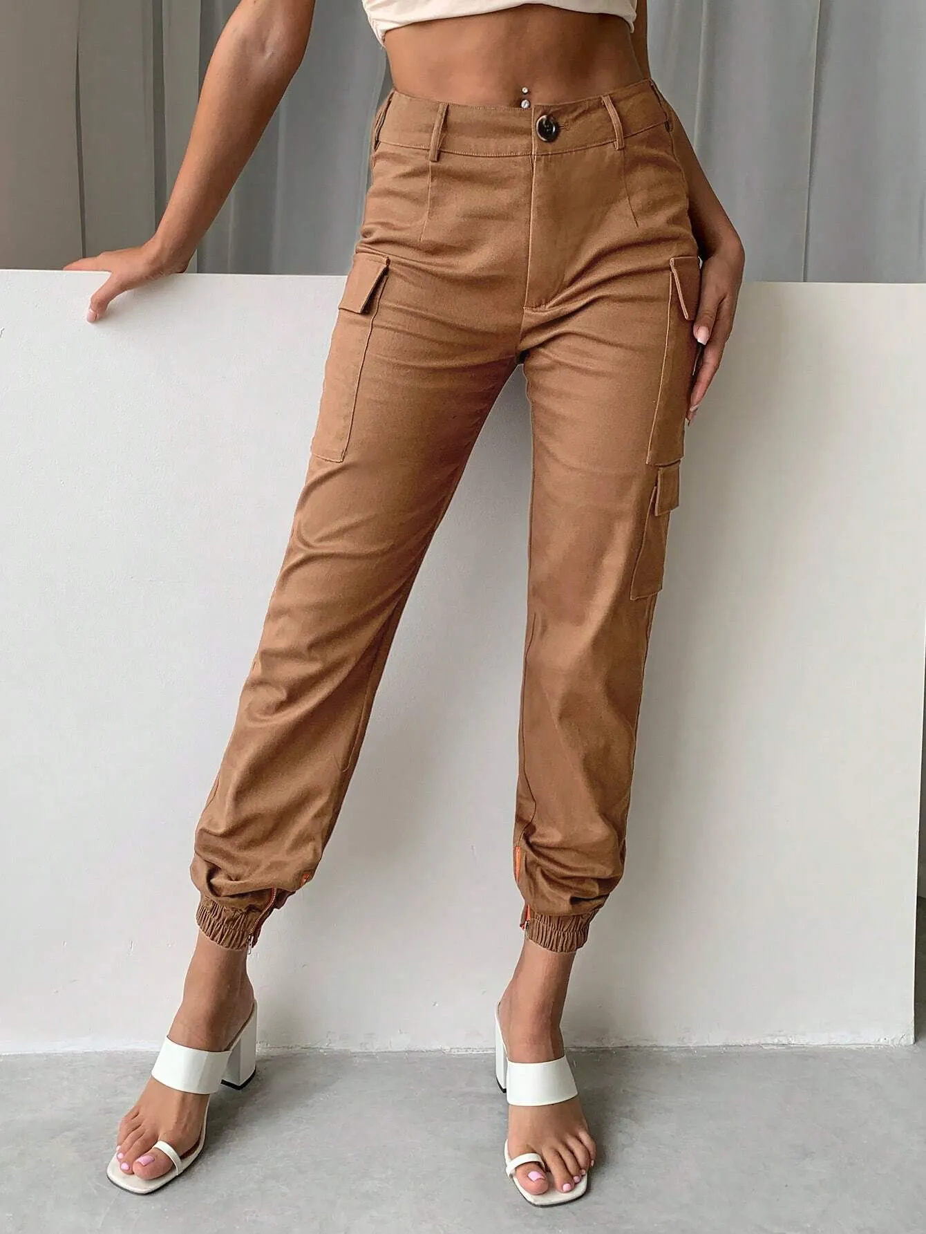 High Waist Solid Flap Pocket Cargo Pants