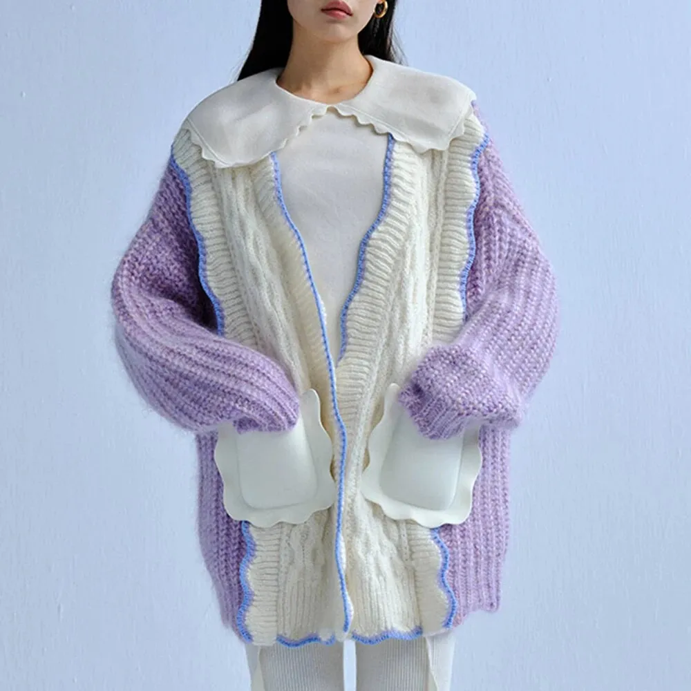 Hit Color Long Knitting Sweaters For Women Round Neck Long Sleeves High Waist Minimalist Sweater Female Fashion