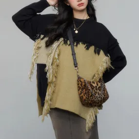 Hit Color Loose Knitting Sweaters For Women Round Neck Long Sleeves Pullover Sweater Female Fashion Clothing