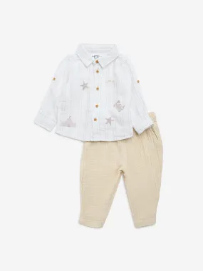 HOP Baby Beige Stripe Printed Cotton Shirt with Trousers Set