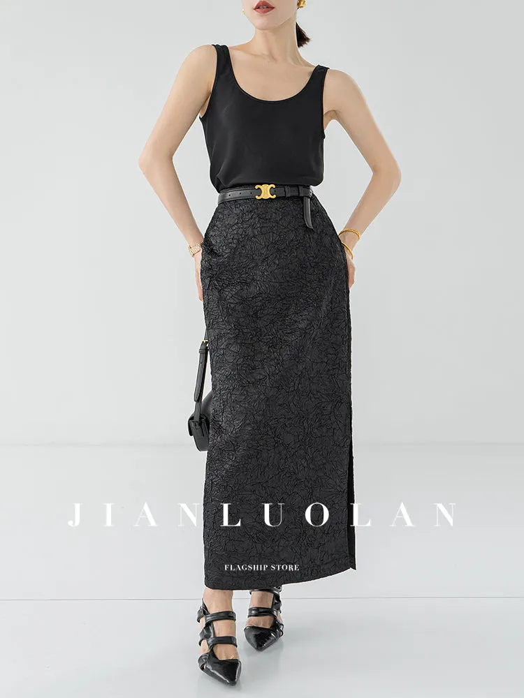 Huanzi heavy pressed stylish anti-wrinkle side slit high-end straight skirt - Ruma