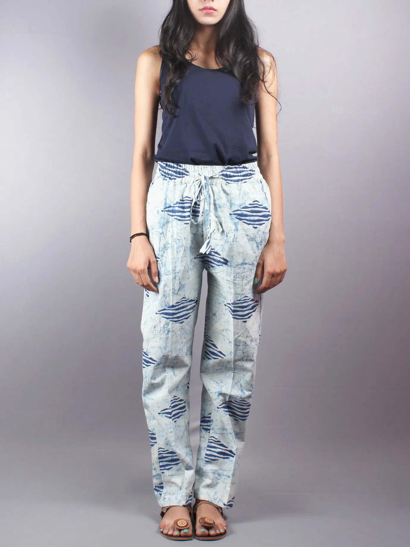 Indigo Hand Block Printed Elasticated Waist Trousers- T0317002