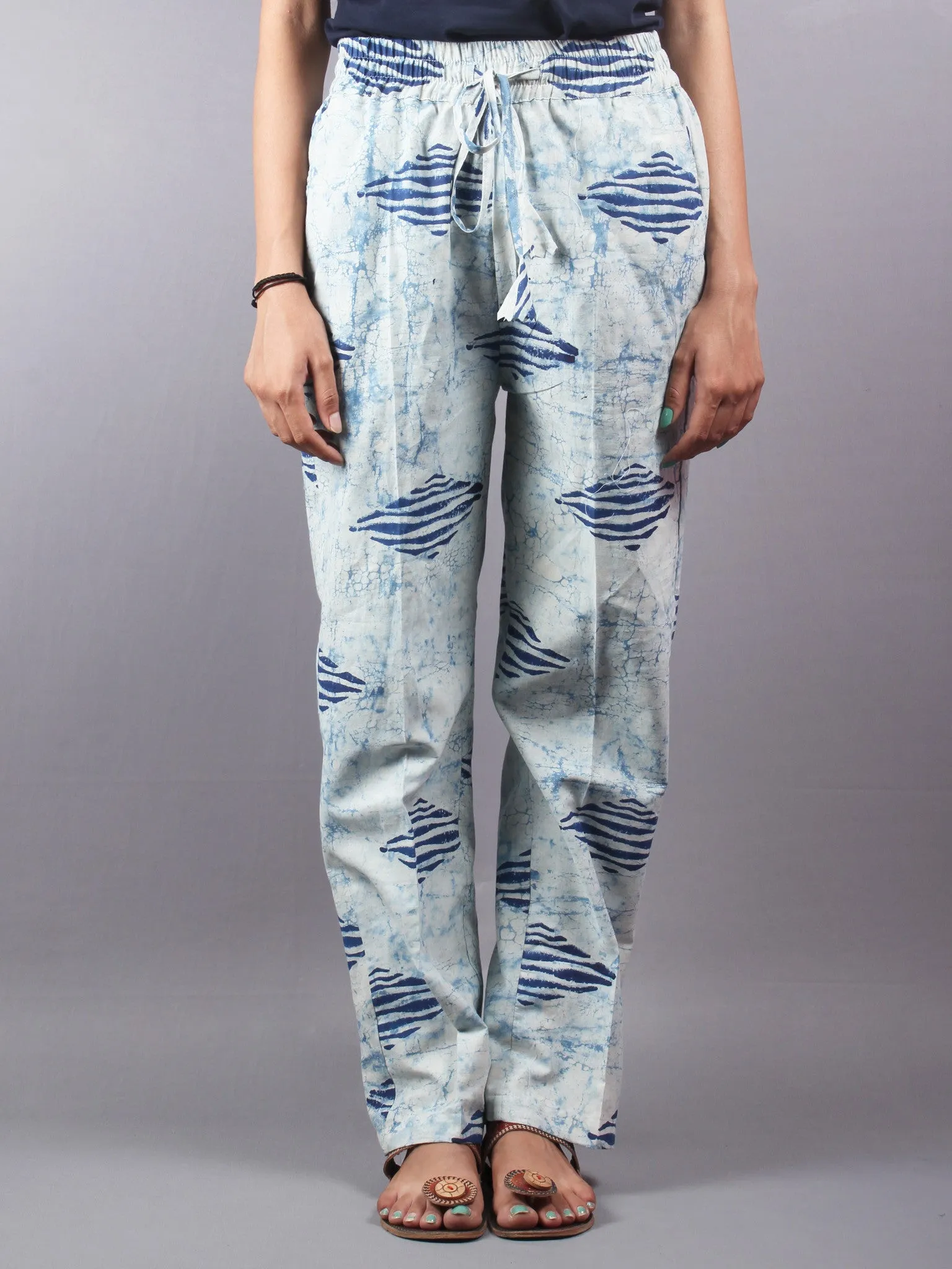 Indigo Hand Block Printed Elasticated Waist Trousers- T0317002