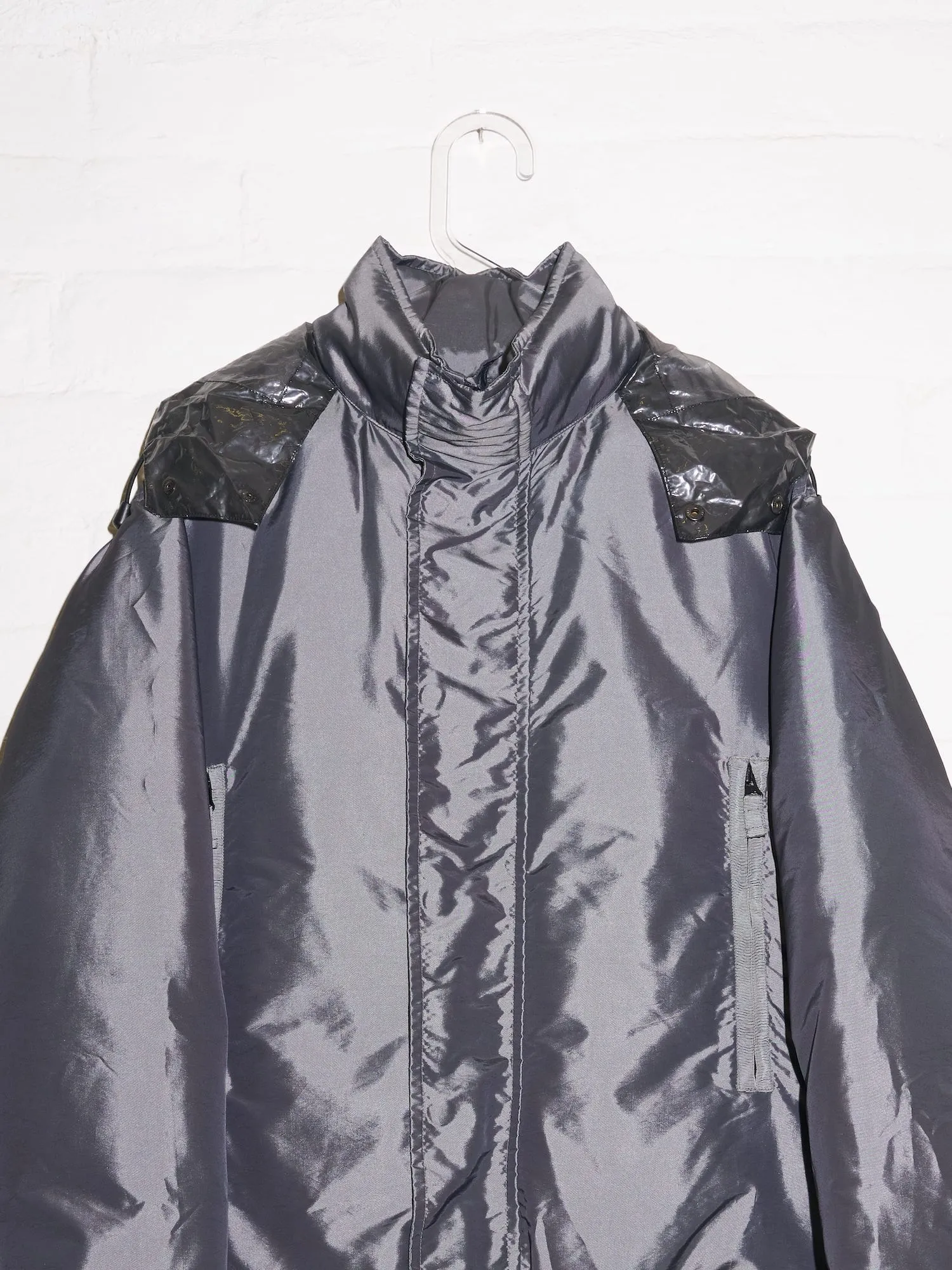 Kenzo Homme 1990s silver down puffer jacket with clear plastic hood