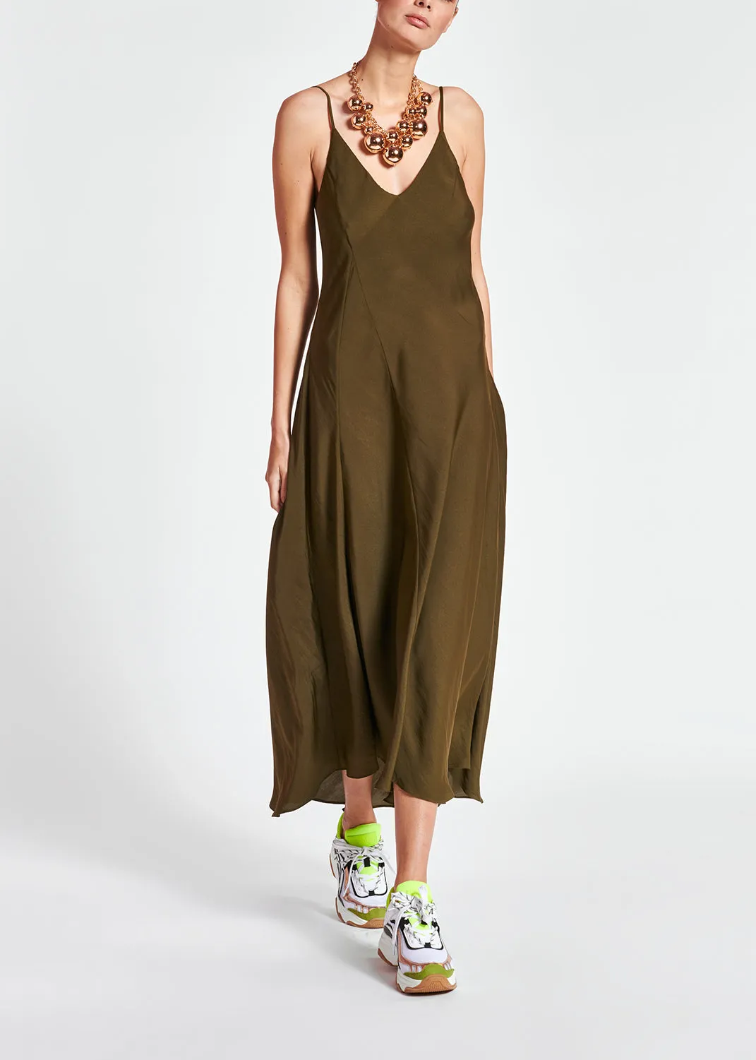 Khaki green maxi-length slip dress