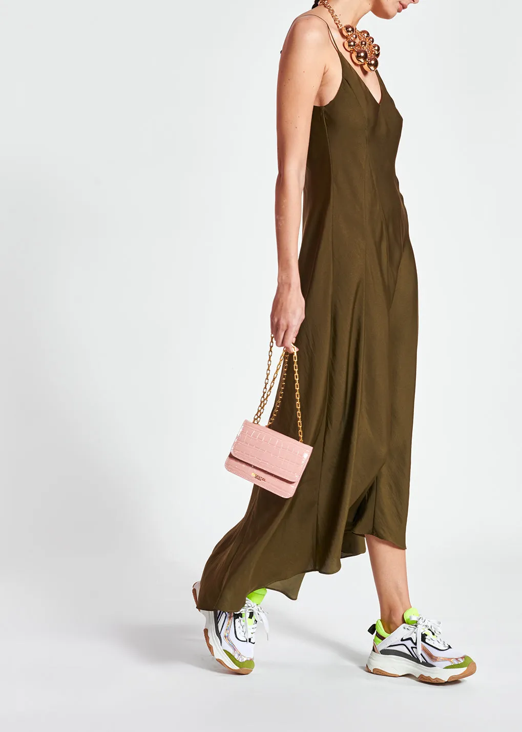 Khaki green maxi-length slip dress