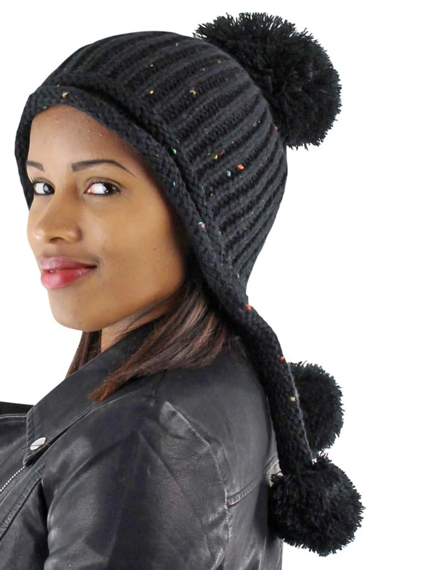 Knit Slouchy Tibetan Hat With Pom Poms