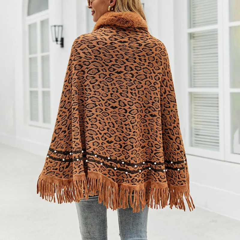 Leopard Print Fur Collar Coat Tassel Knitted Scarf Shawl Wholesale Womens Tops