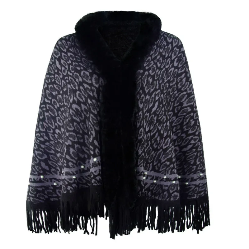 Leopard Print Fur Collar Coat Tassel Knitted Scarf Shawl Wholesale Womens Tops