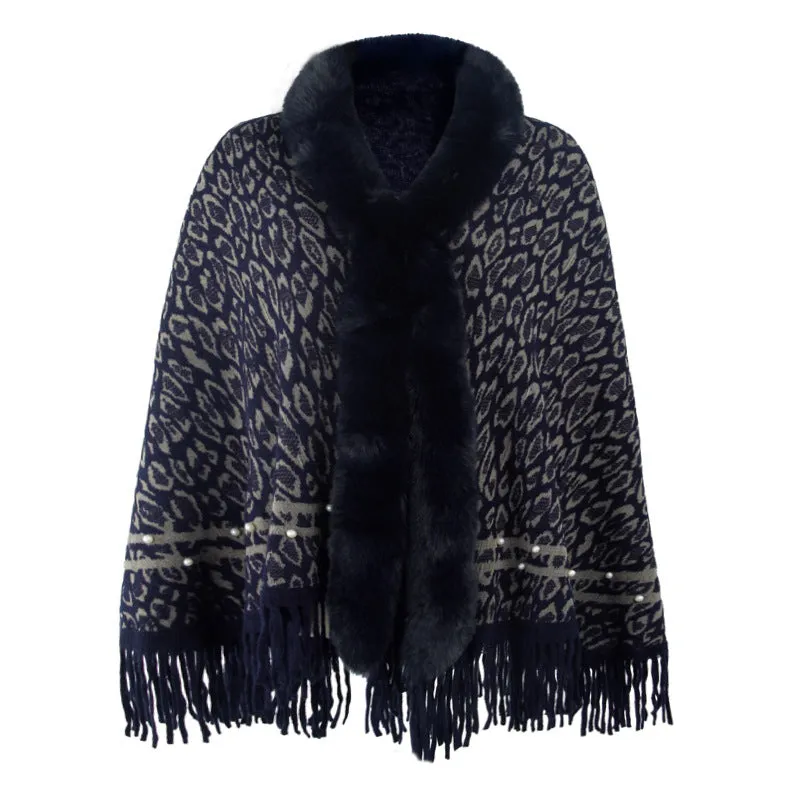 Leopard Print Fur Collar Coat Tassel Knitted Scarf Shawl Wholesale Womens Tops