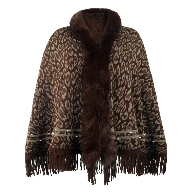 Leopard Print Fur Collar Coat Tassel Knitted Scarf Shawl Wholesale Womens Tops