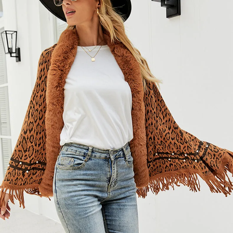 Leopard Print Fur Collar Coat Tassel Knitted Scarf Shawl Wholesale Womens Tops