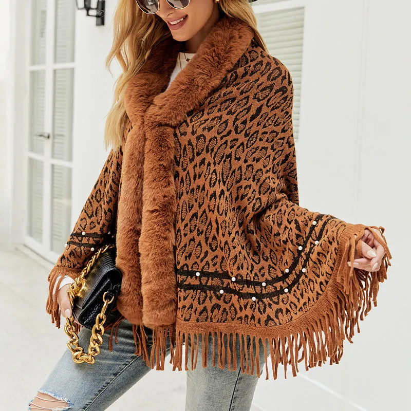 Leopard Print Fur Collar Coat Tassel Knitted Scarf Shawl Wholesale Womens Tops