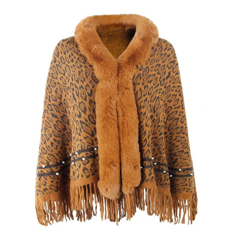 Leopard Print Fur Collar Coat Tassel Knitted Scarf Shawl Wholesale Womens Tops