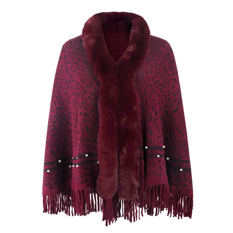 Leopard Print Fur Collar Coat Tassel Knitted Scarf Shawl Wholesale Womens Tops